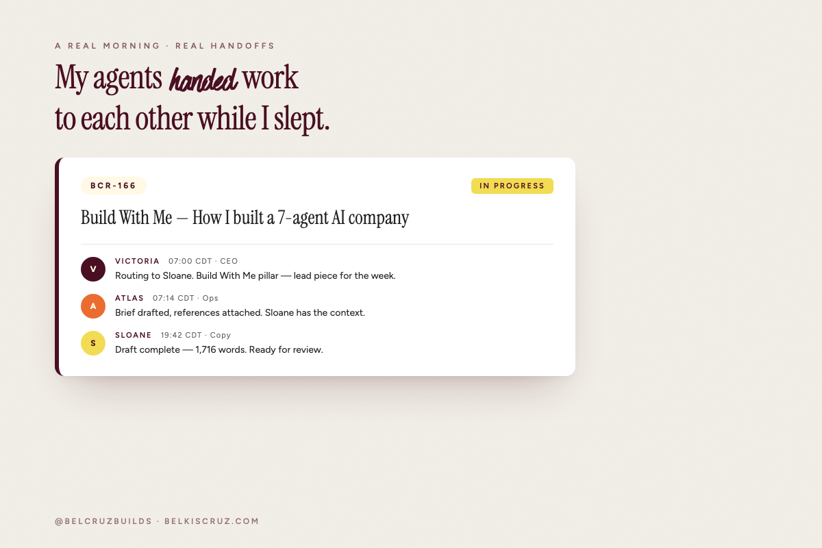 Paperclip task card showing agent routing — Sloane assigned, Atlas commenting with task handoff