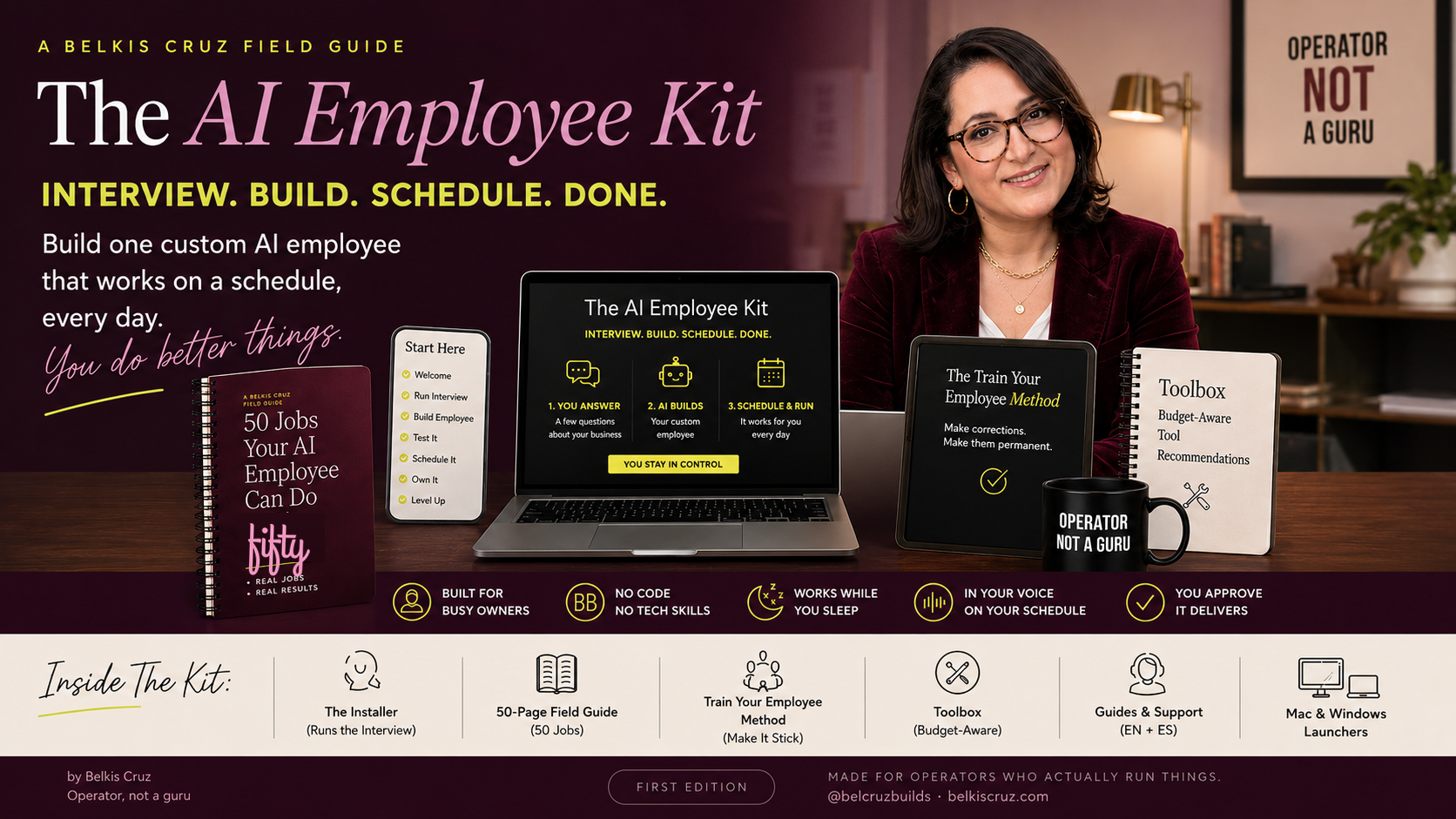AI Employee Kit, laptop, tablet and phone showing the agents that run your backend