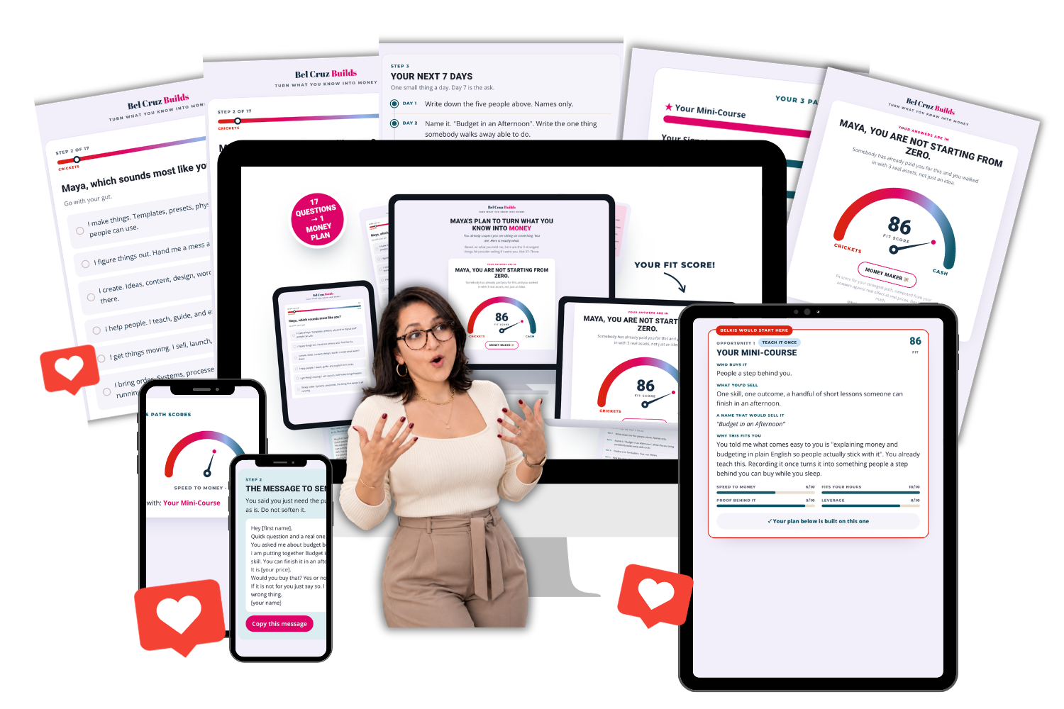 Everything the tool hands you: your three paths scored on the Crickets to Cash gauge, your offer, your price, your first message and your 7-day plan, shown across phone, tablet and desktop